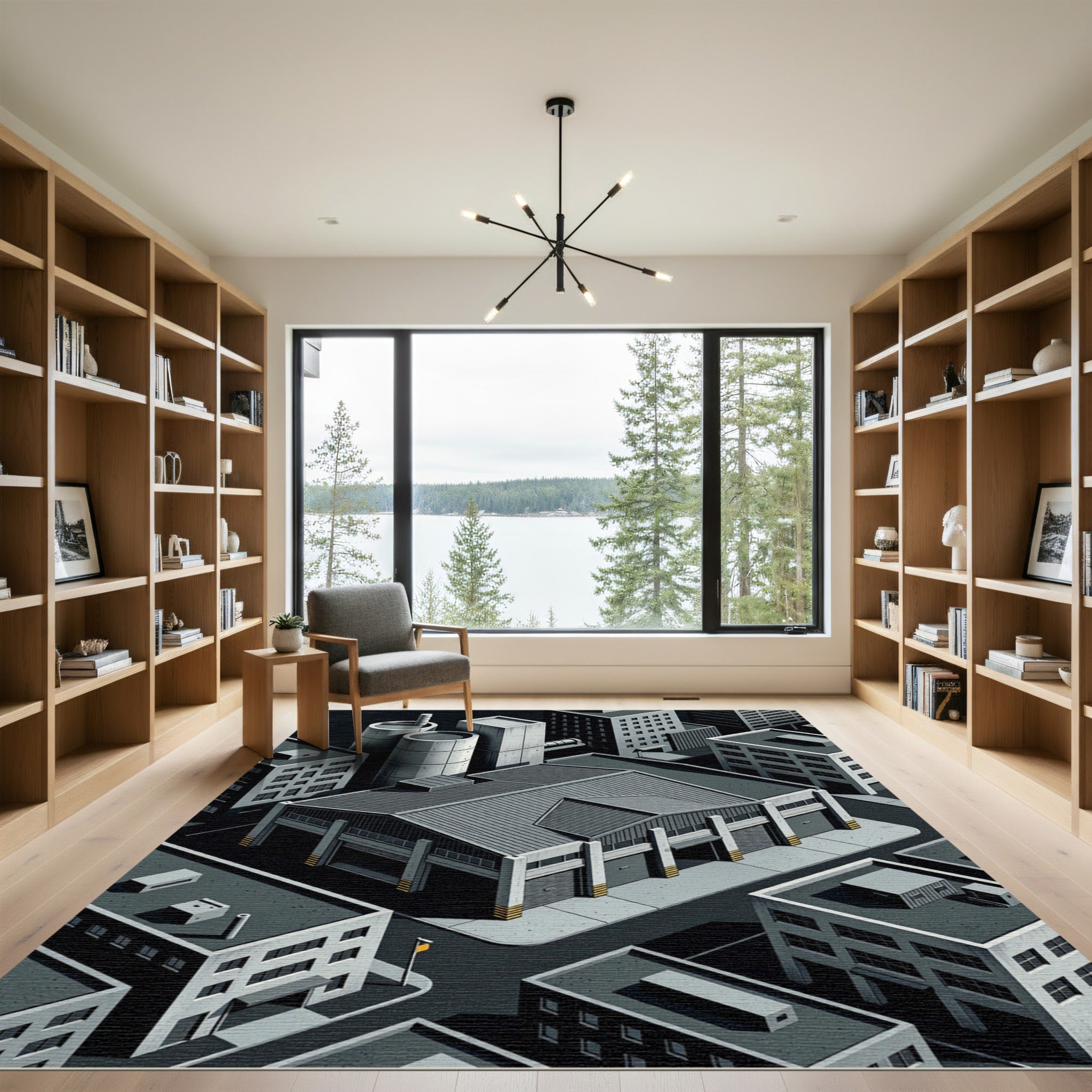 Monochrome Isometric Urban Landscape Rug