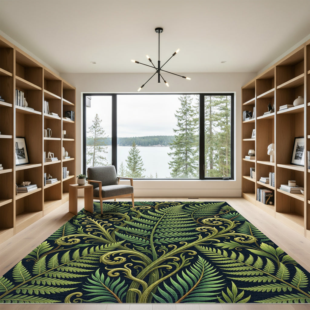 Vibrant Green Fern Scrollwork Arrangement Rug