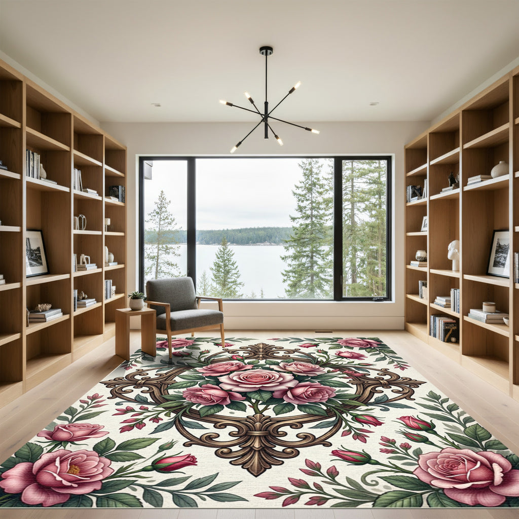 Pink Rose Baroque Floral Medallion Rug