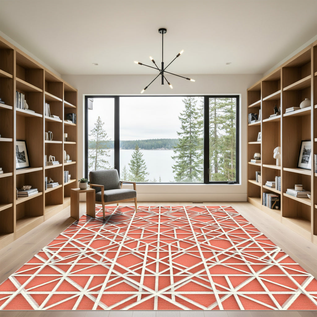 Geometric Salmon White Interlocking Grid Rug