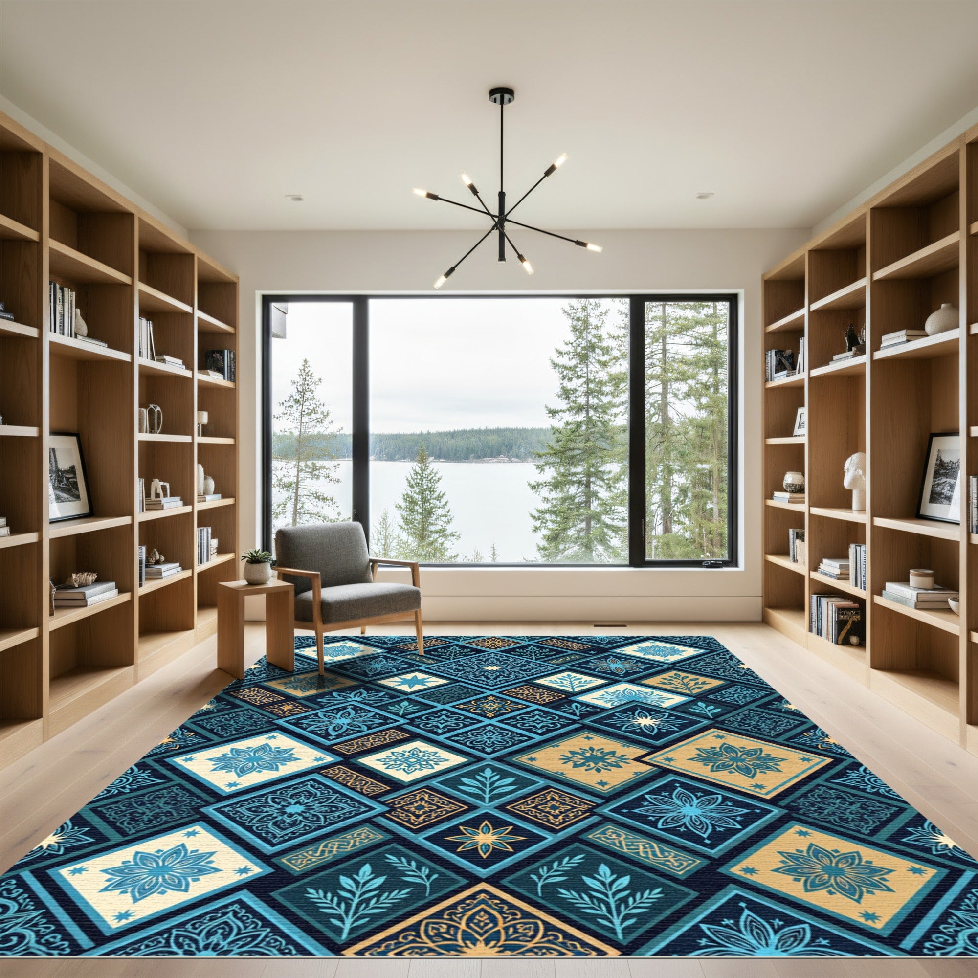 Azure Teal Golden Diamond Medallion Rug