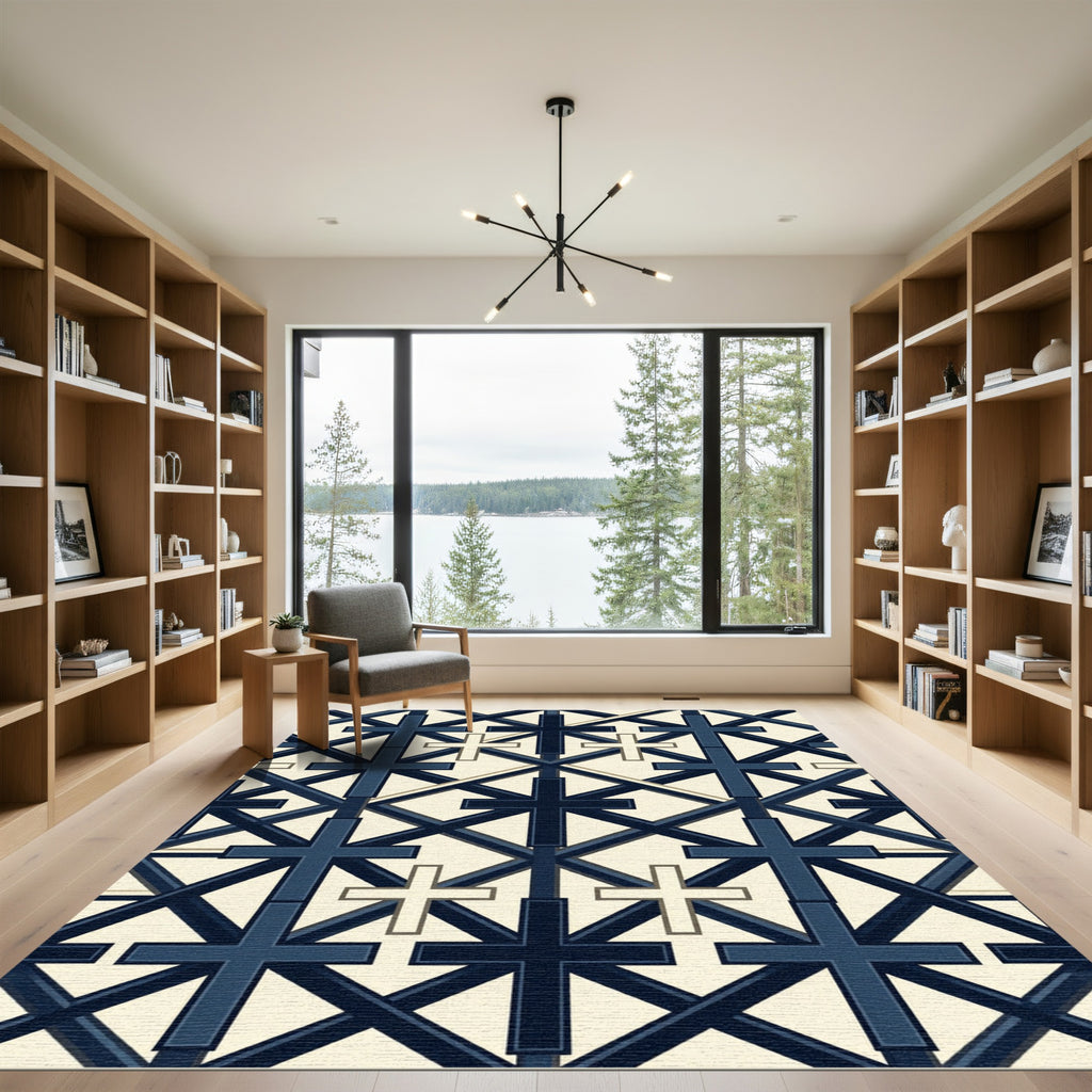 Navy Blue Geometric Cross Grid Rug