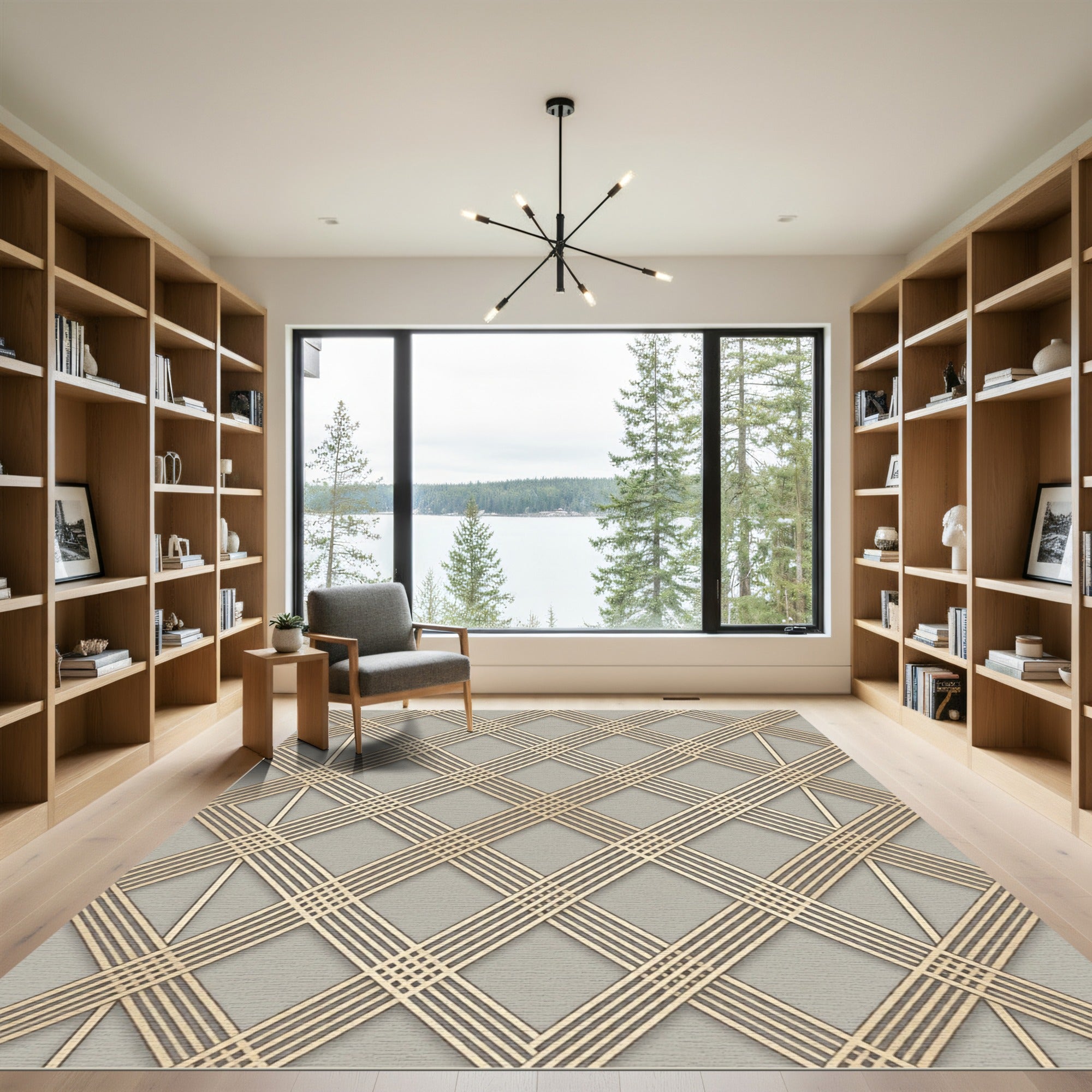 Sophisticated Golden Geometric Lattice Gray Rug
