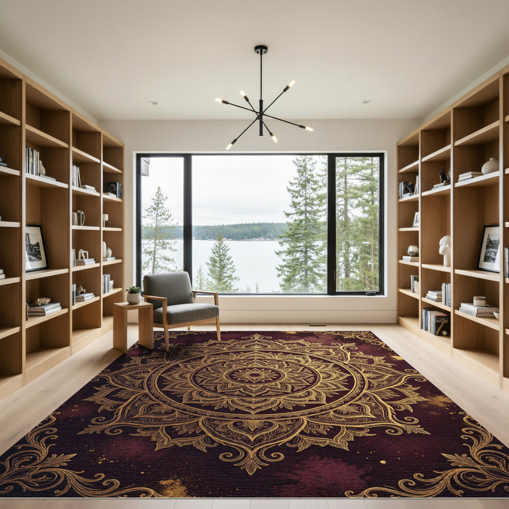 Golden Mandala Wine Ornamental Medallion Rug