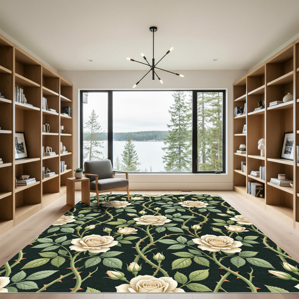 Elegant Cream Rose Trellis Dark Backdrop Rug