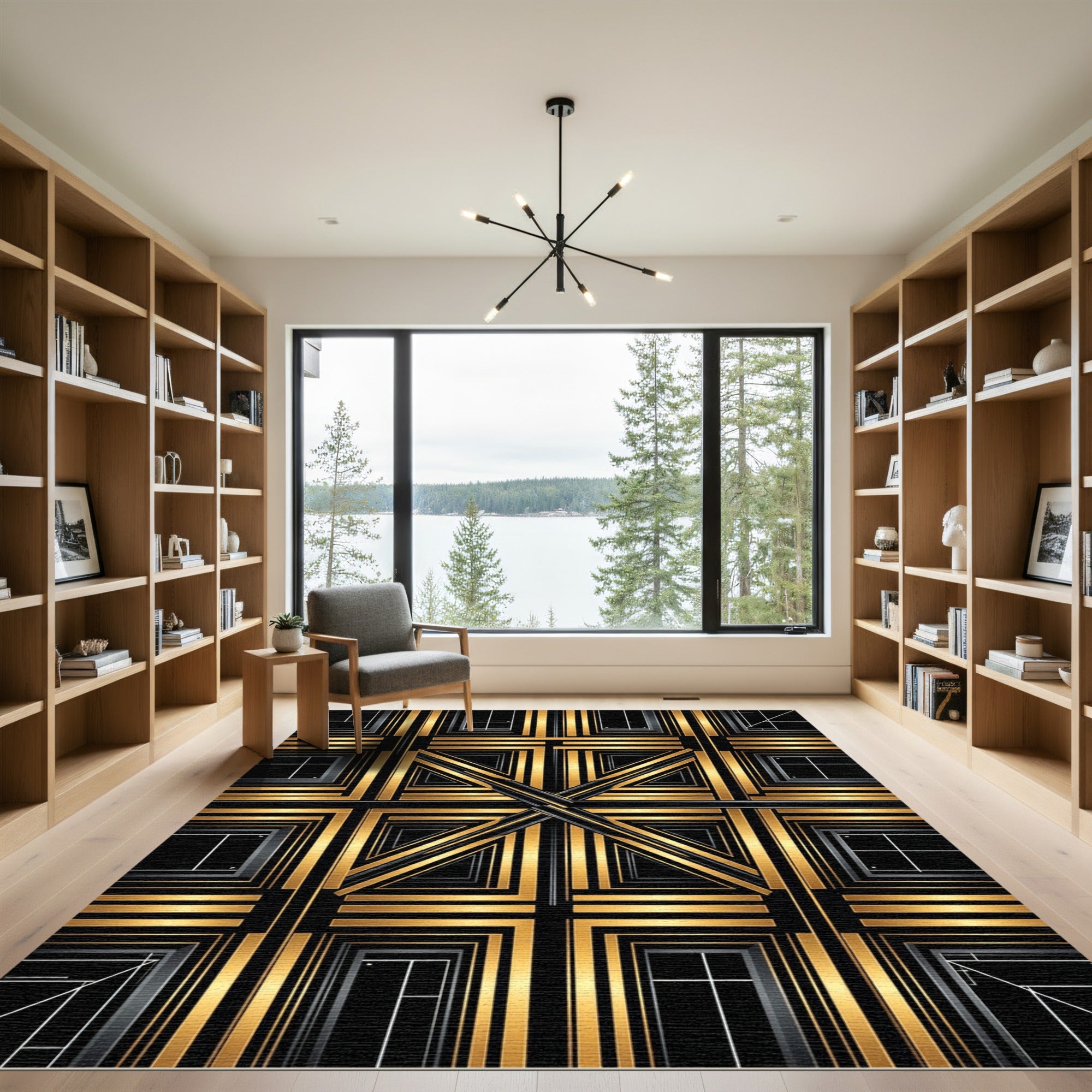 Art Deco Gold Black Geometric Squares Rug