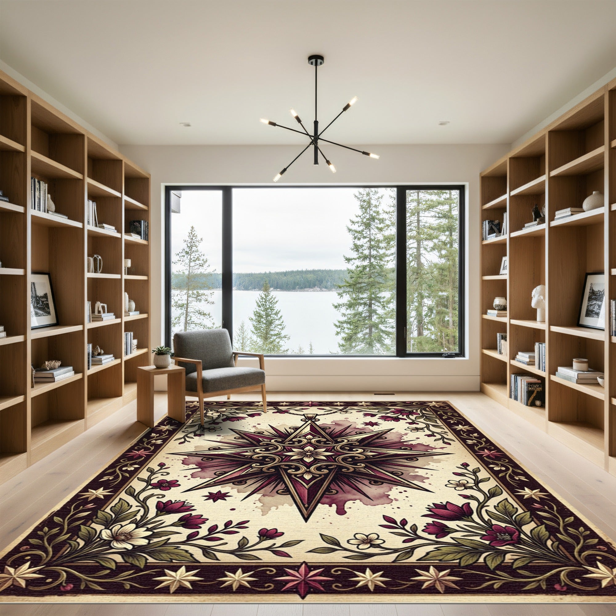 Gothic Burgundy Celestial Star Floral Medallion Rug