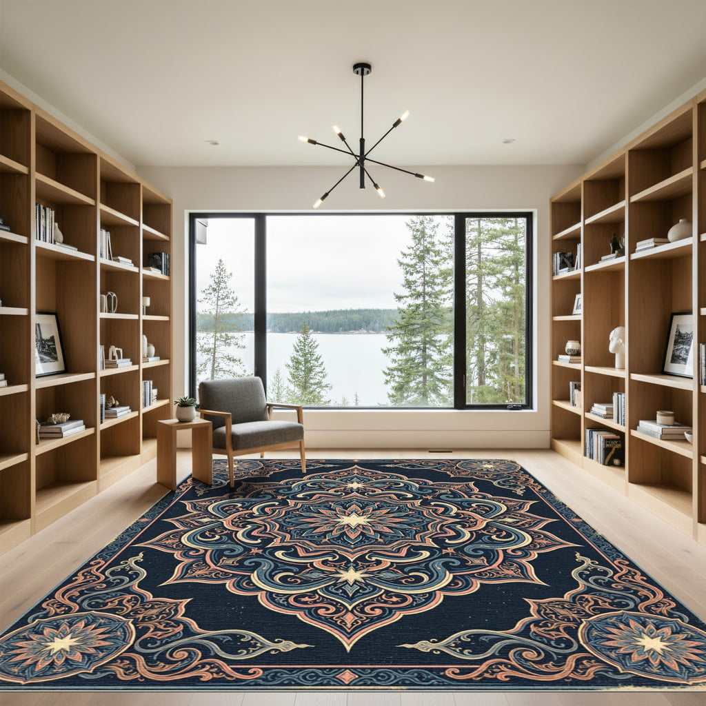 Midnight Blue Floral Star Medallion Rug