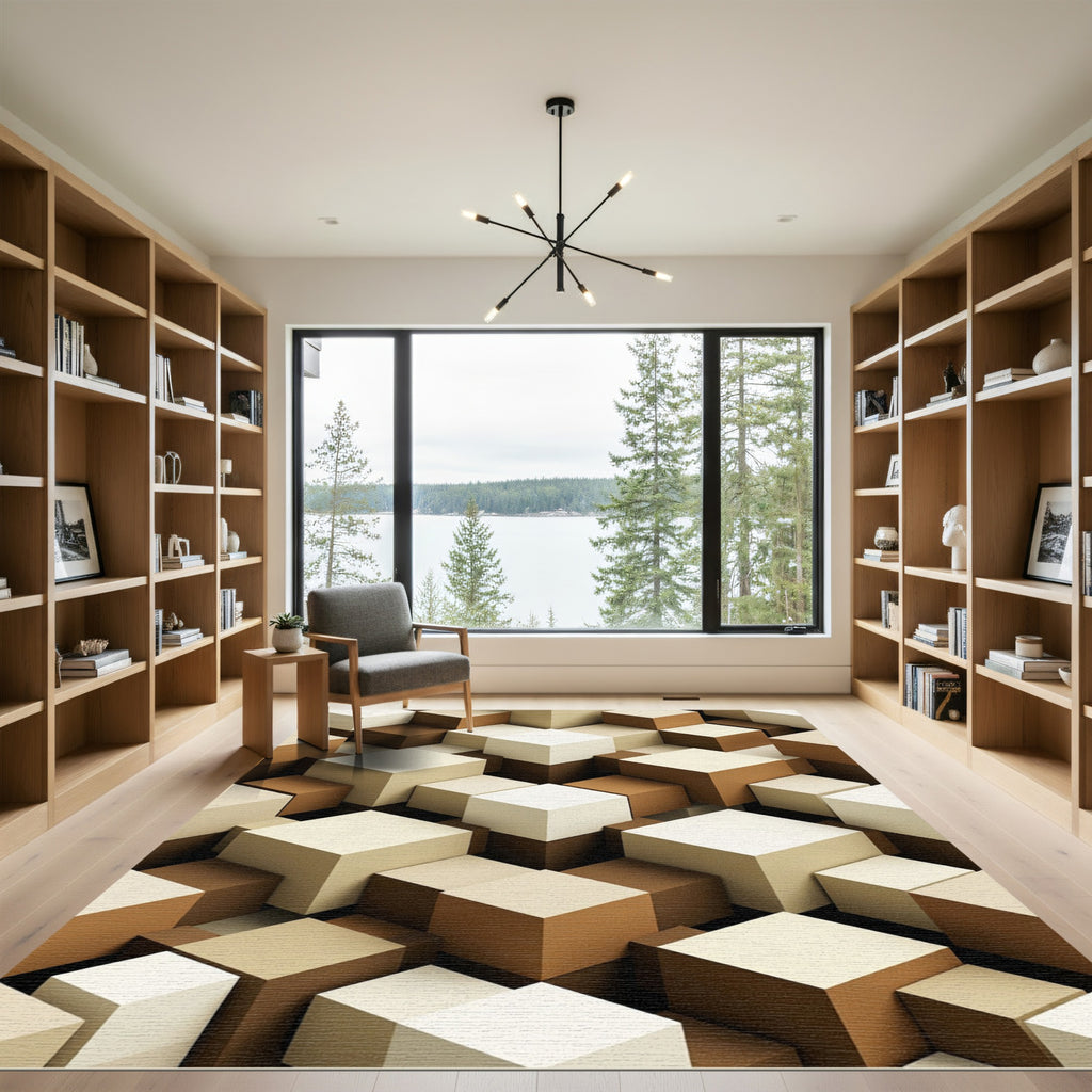 Abstract Geometric Cube Earth Tone Rug
