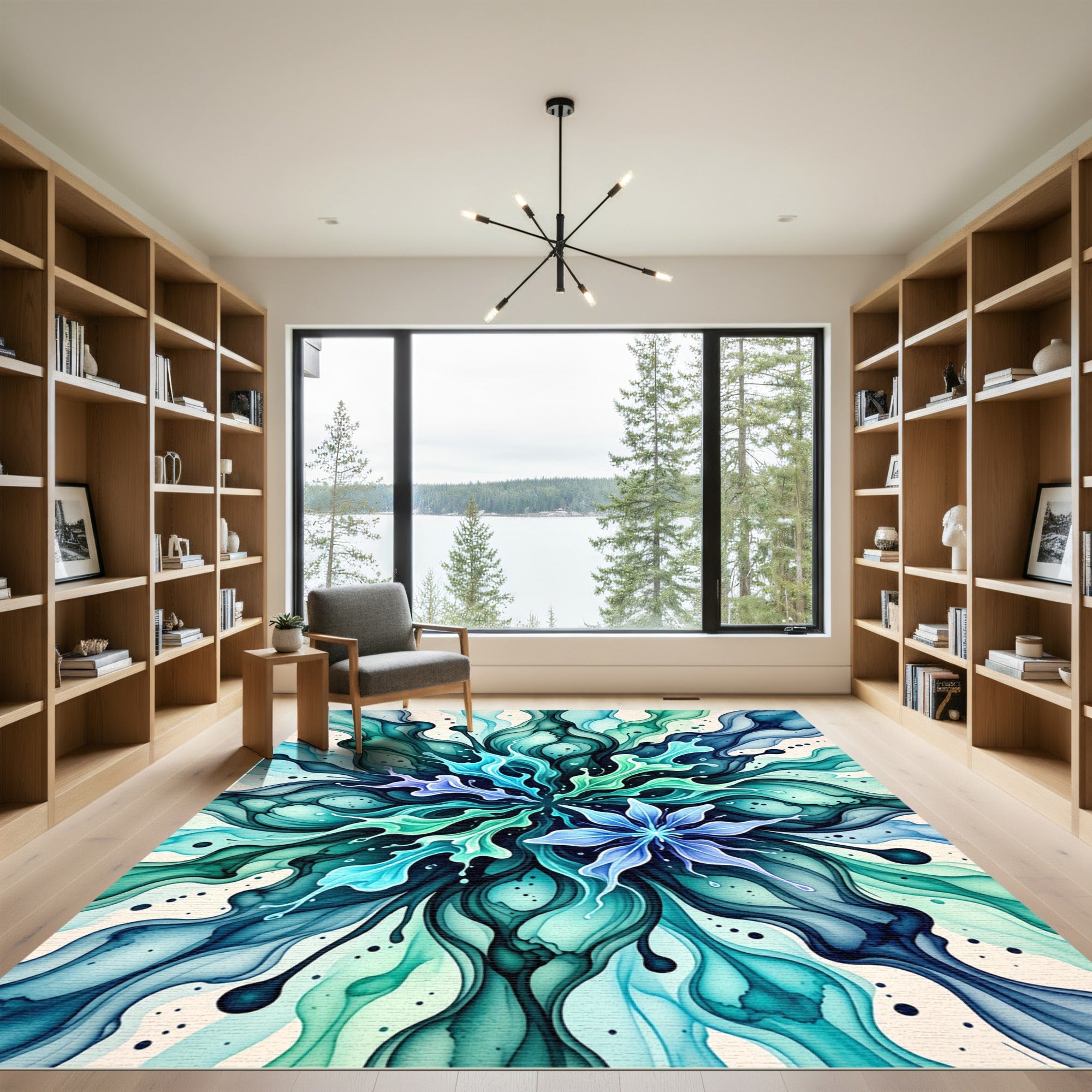 Teal Aqua Abstract Flowing Floral Rug
