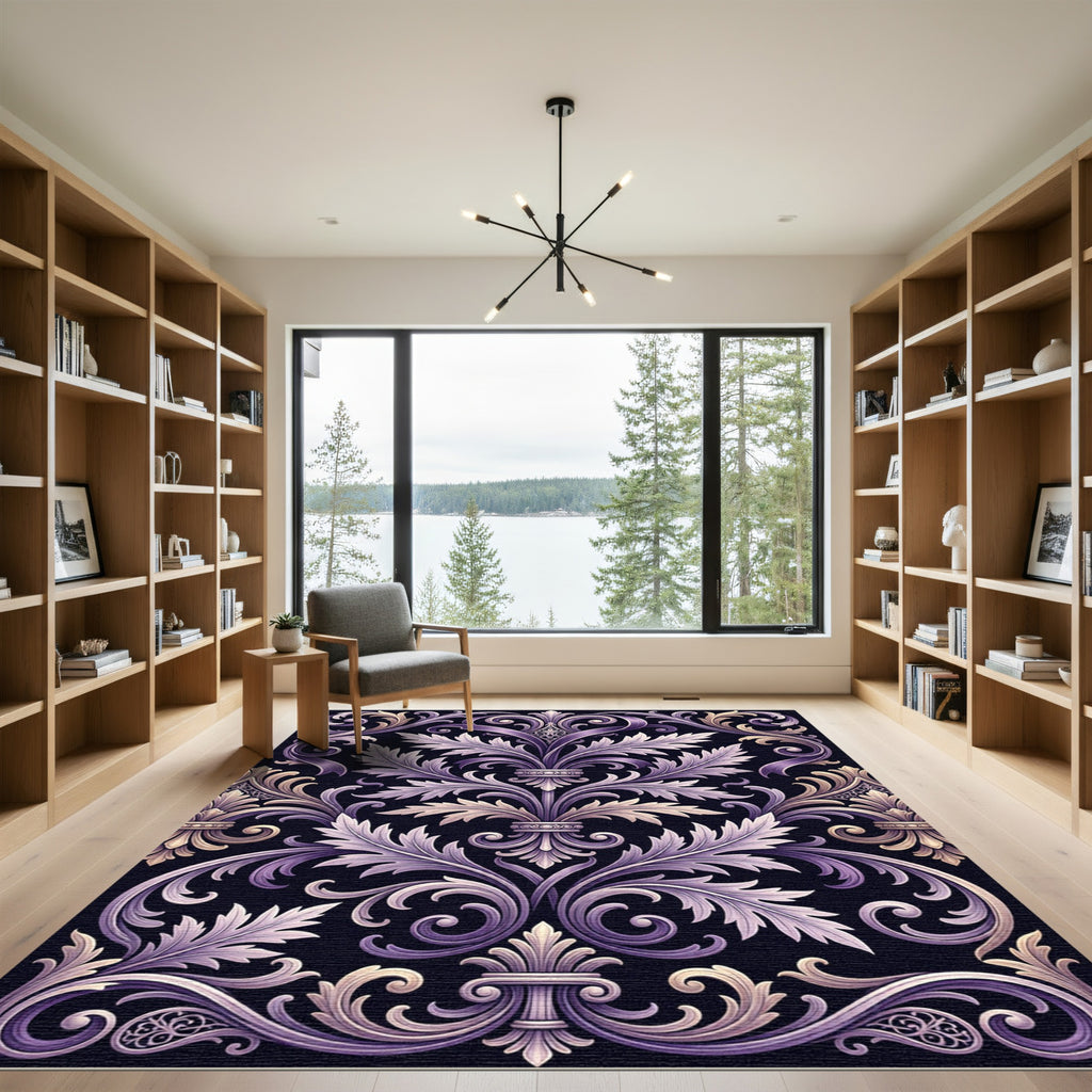 Ornate Purple and Gold Acanthus Scroll Rug