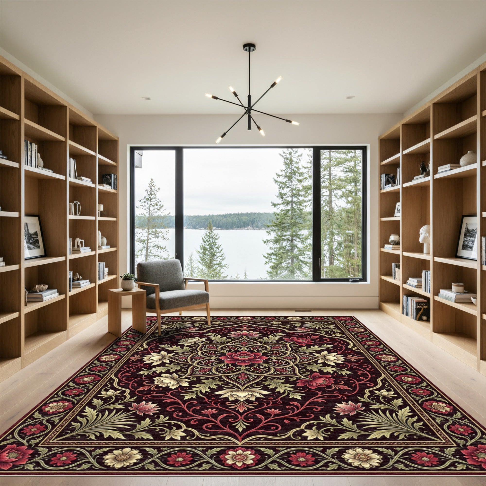Rich Burgundy Floral Medallion Garden Rug