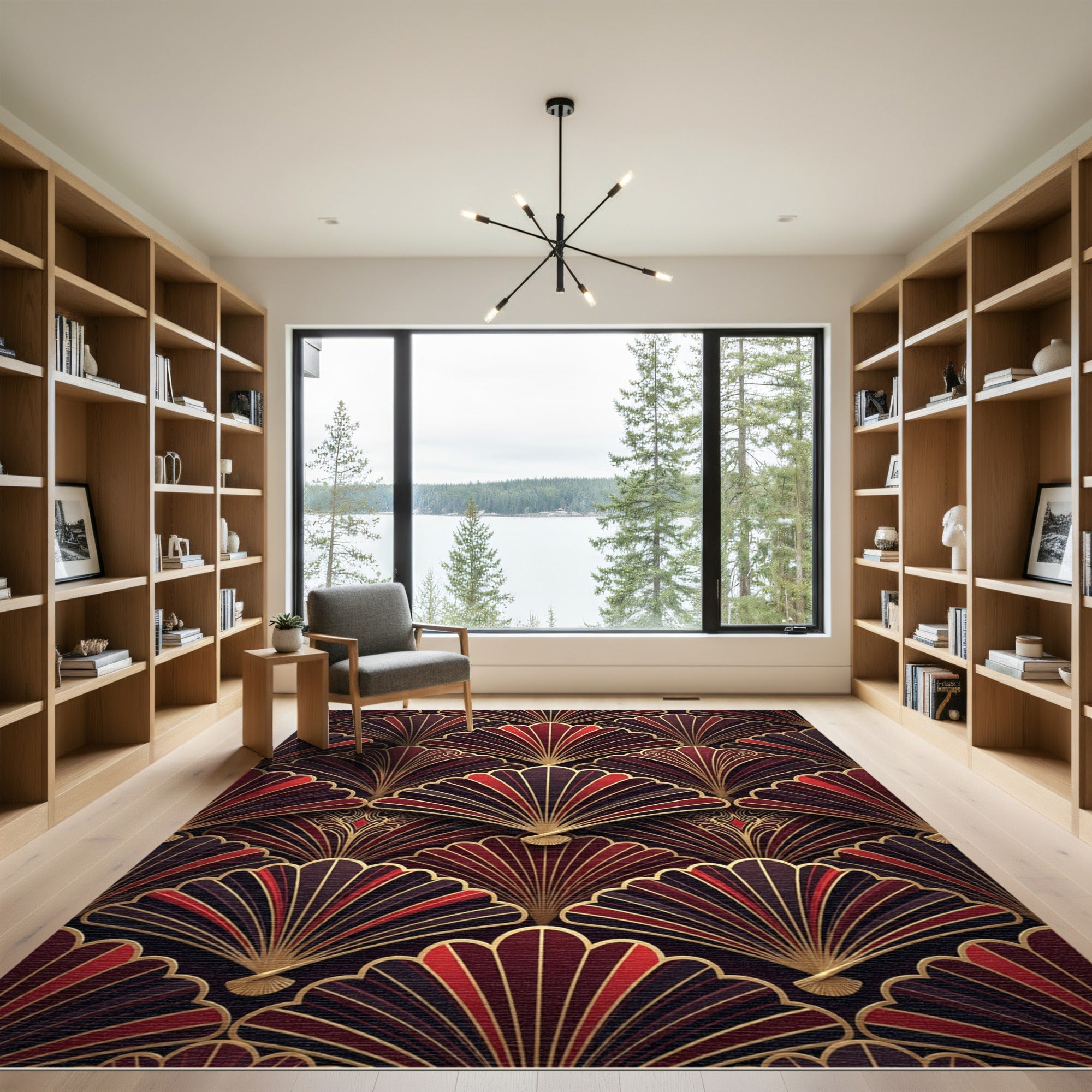 Elegant Red Fan Art Deco Rug