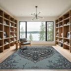 Ornate Silver Filigree Heart Damask Rug