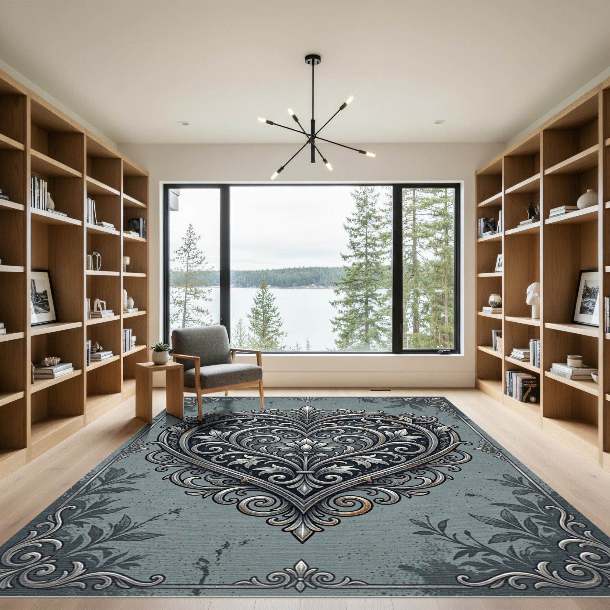 Ornate Silver Filigree Heart Damask Rug