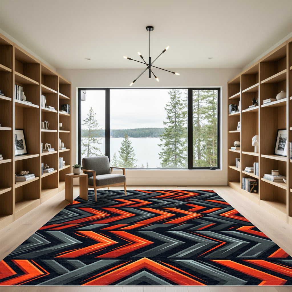 Vibrant Orange Charcoal Geometric Arrow Rug