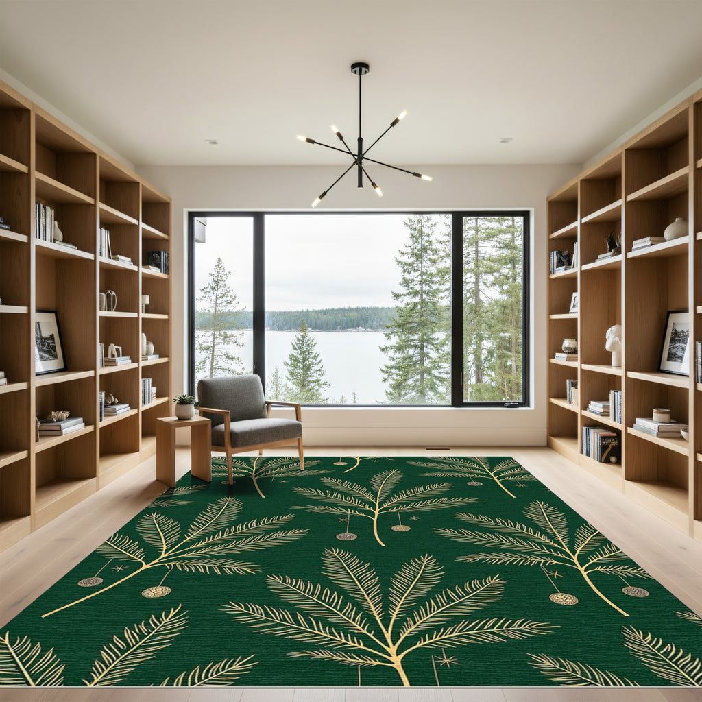 Golden Pine Needle Ornaments Dark Green Rug