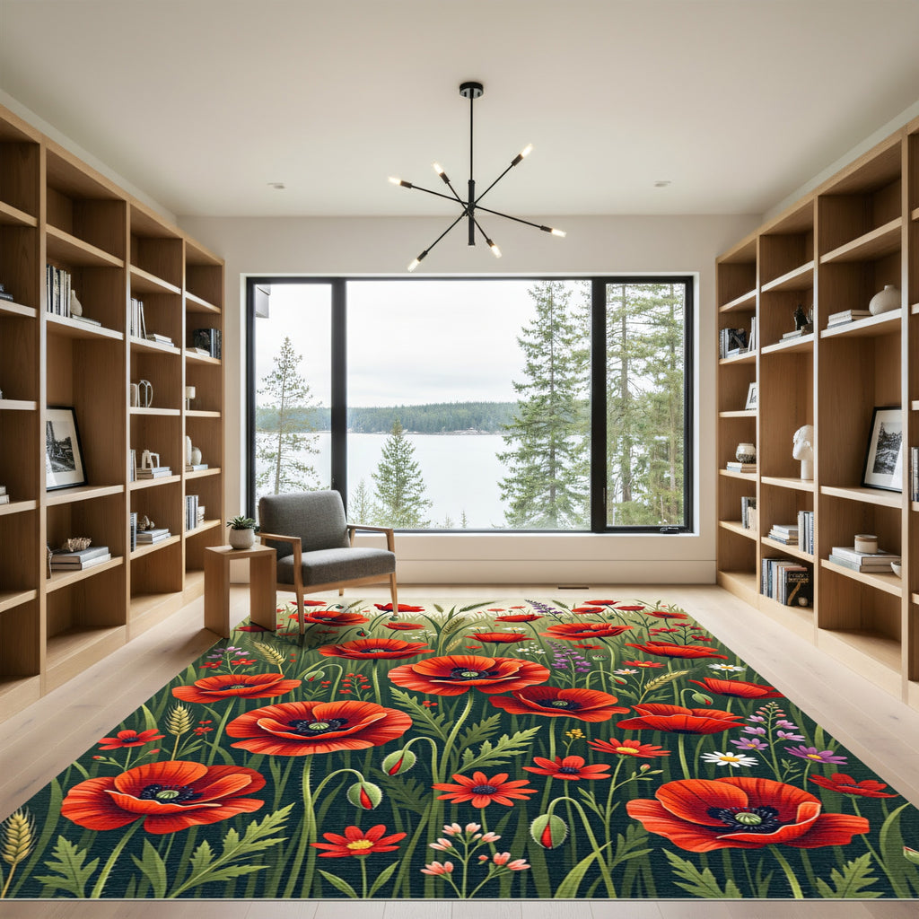 Vibrant Red Poppy Field Meadow Rug