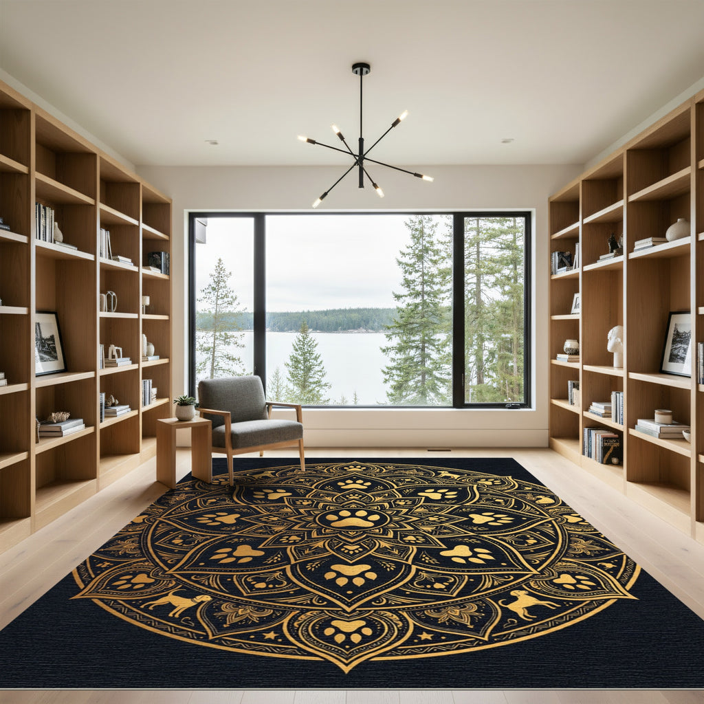 Golden Paw Black Petal Mandala Rug