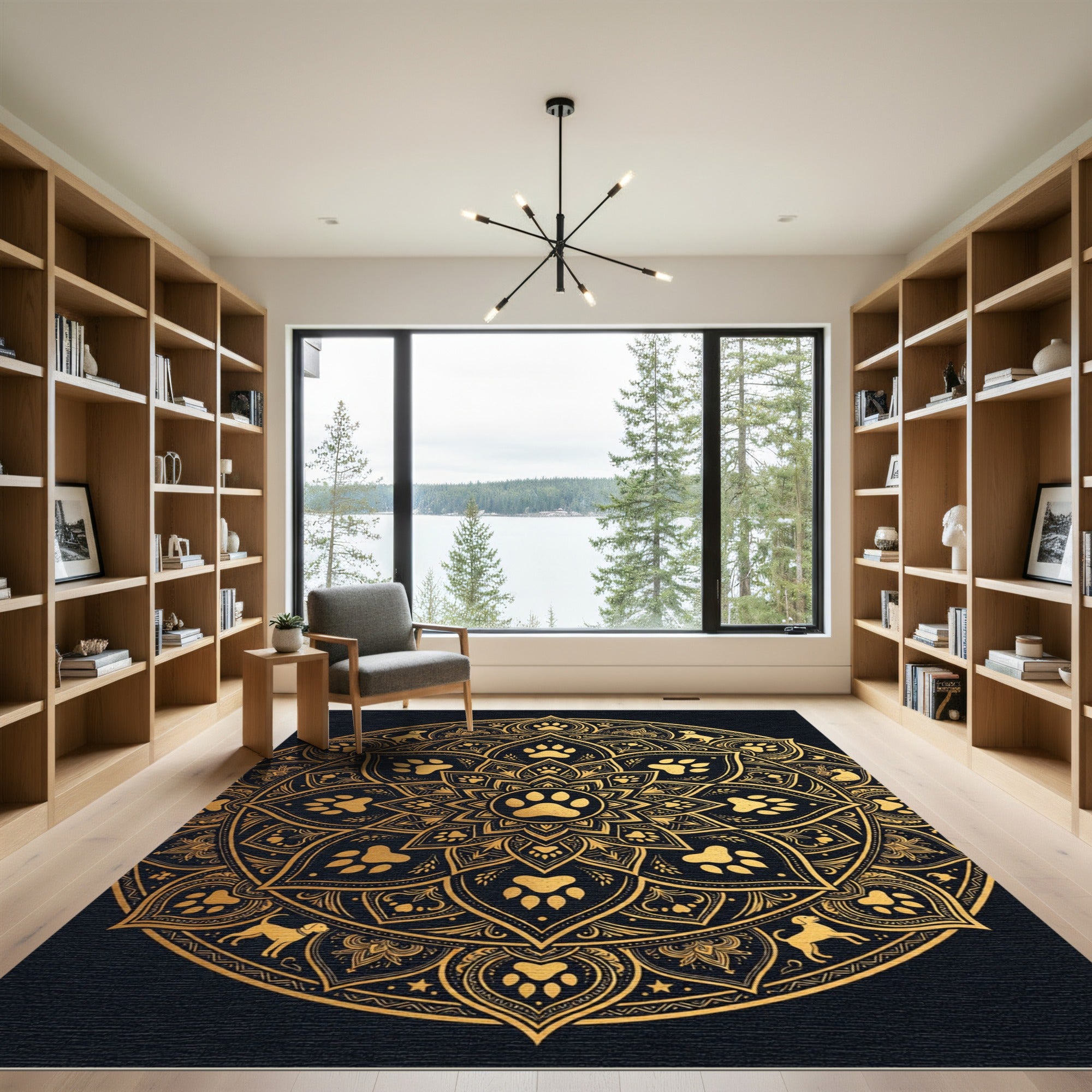Golden Paw Black Petal Mandala Rug