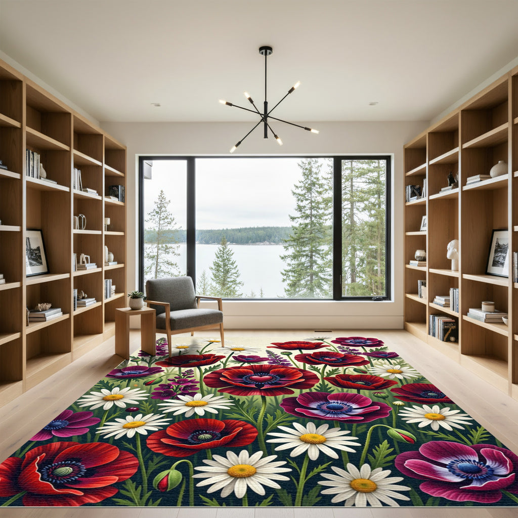Red Purple Daisy Poppy Garden Rug