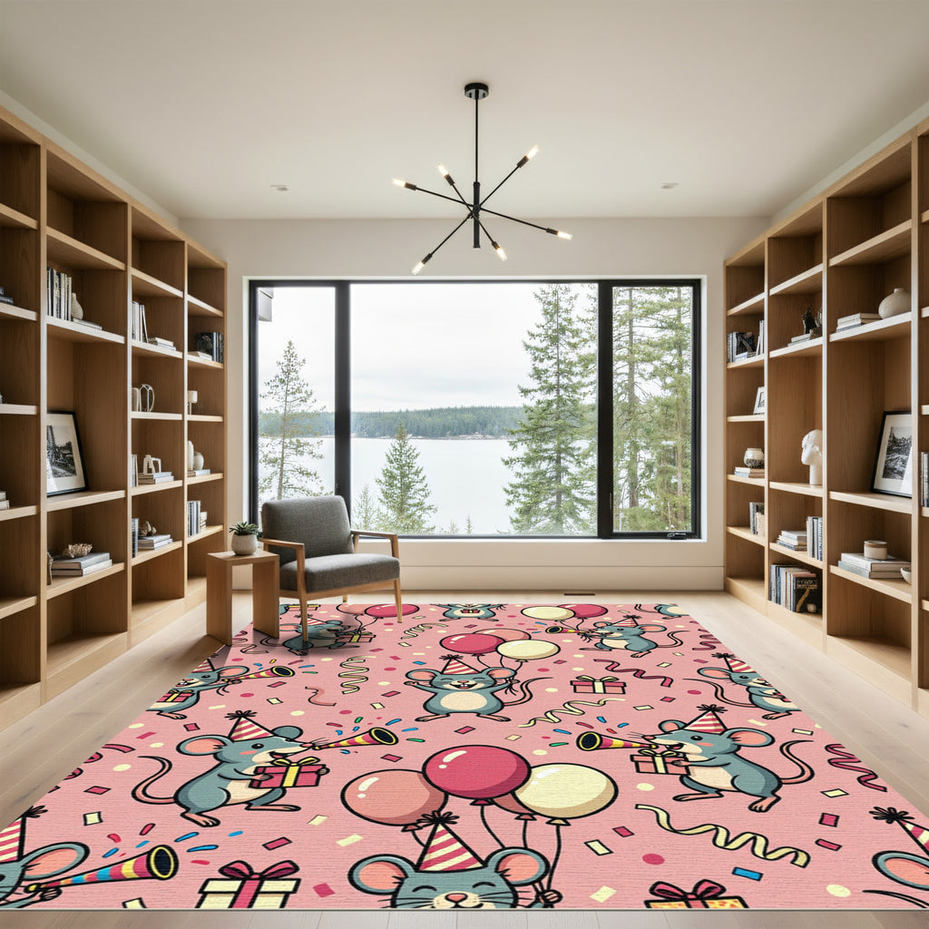 Whimsical Pink Party Mouse Celebration Rug