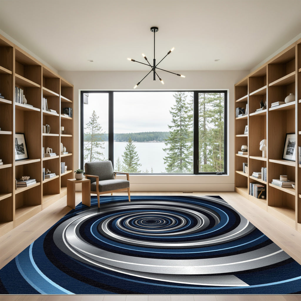 Modern Blue and Silver Spiral Illusion Rug