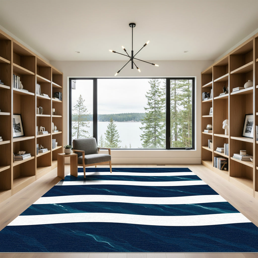 Deep Blue Wavy Ocean Striped Rug