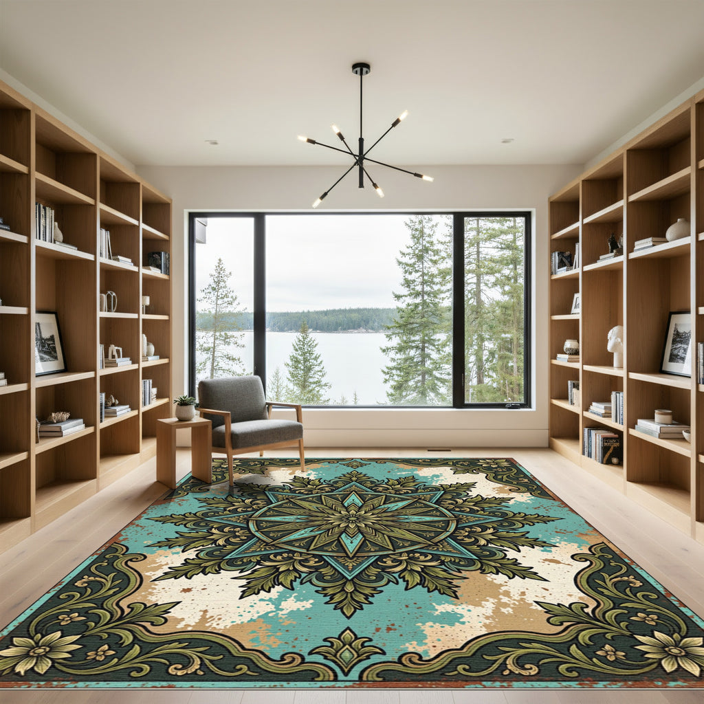 Vintage Teal Green Ornate Sunburst Rug