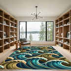 Golden Teal Peacock Wave Composition Rug