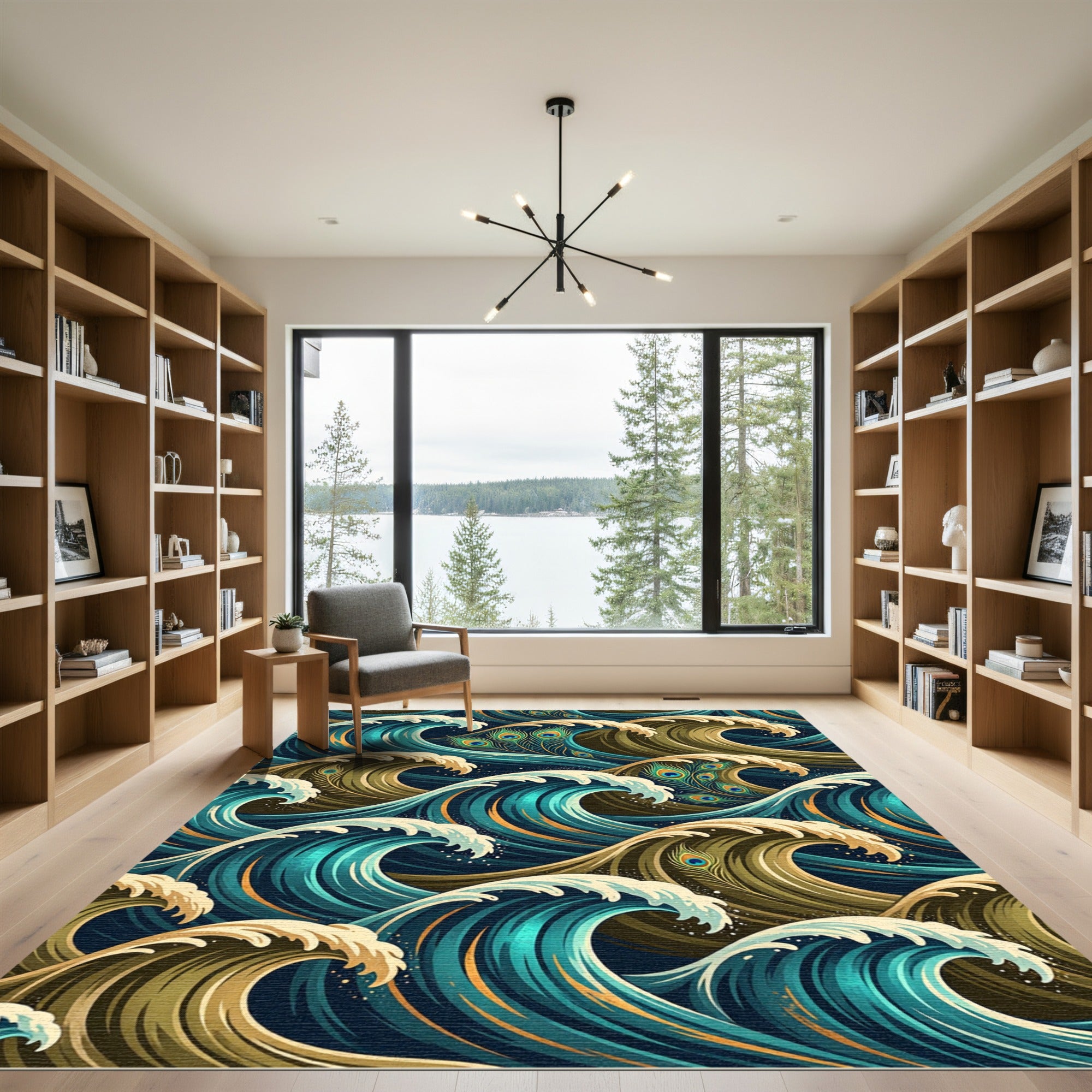Golden Teal Peacock Wave Composition Rug