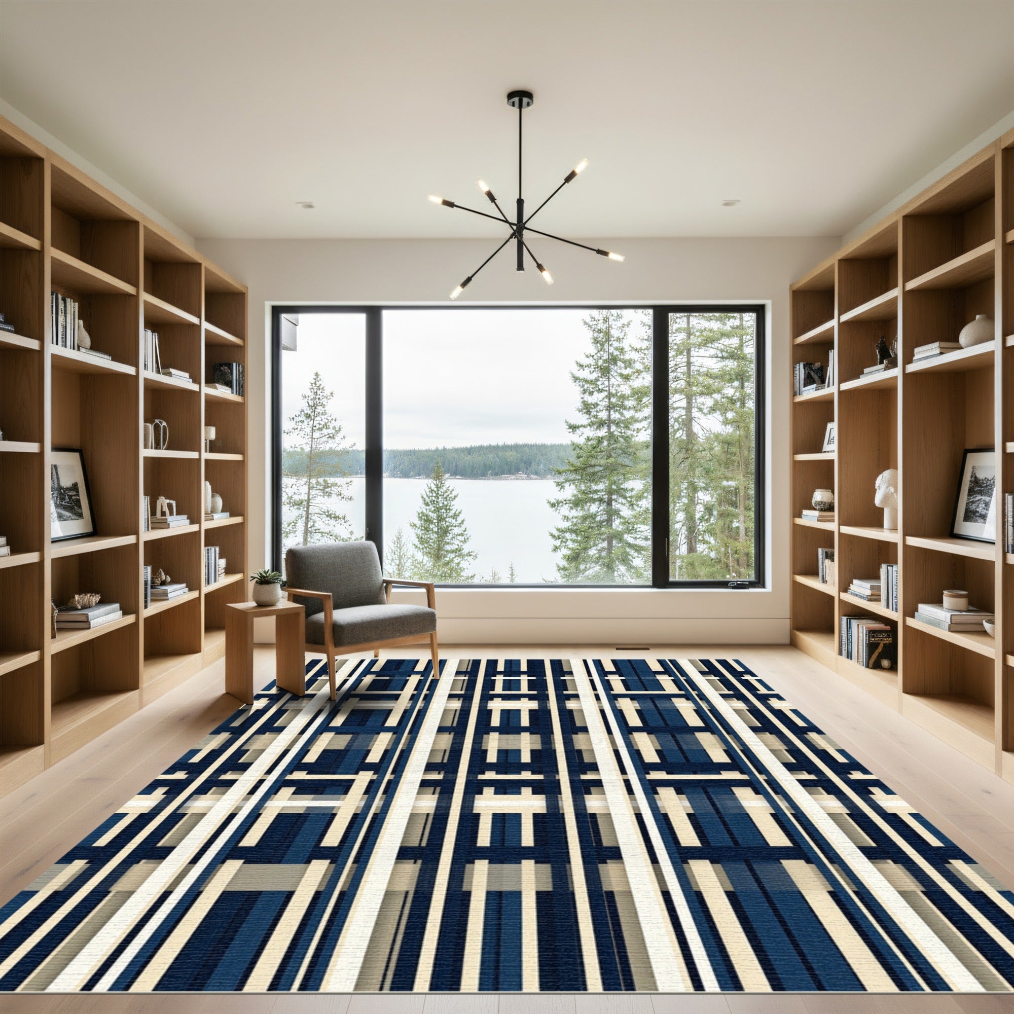 Modern Navy and Cream Grid Weave Rug