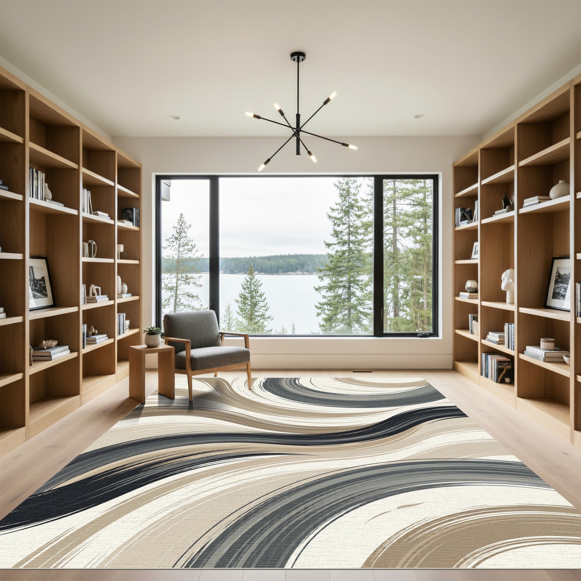 Modern Neutral Abstract Flowing Swirls Rug