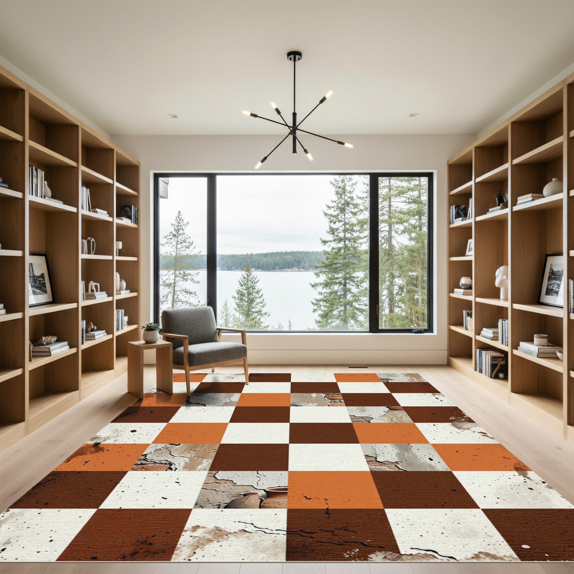Terracotta White Abstract Checkerboard Rug