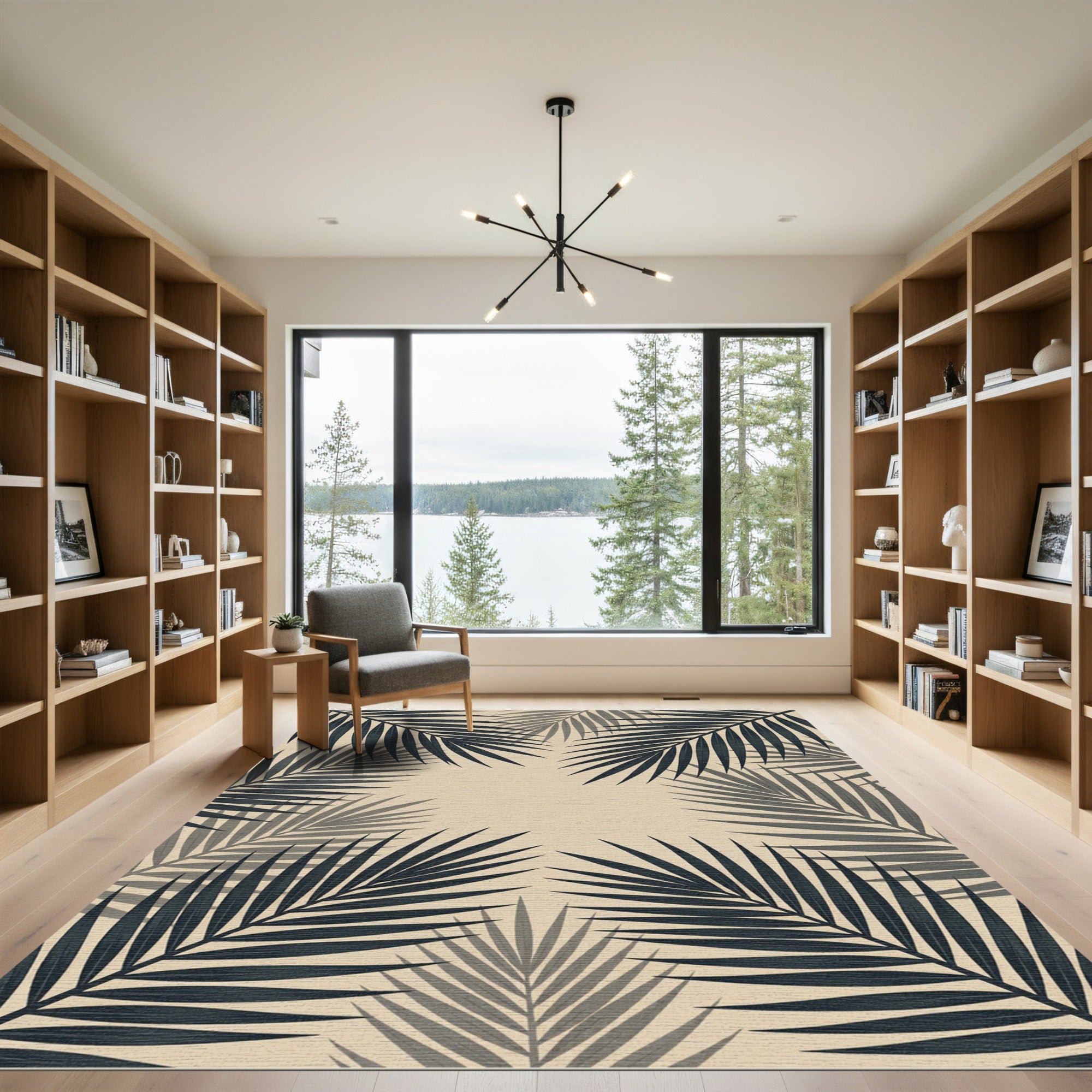 Minimalist Dark Tropical Palm Leaf Area Rug