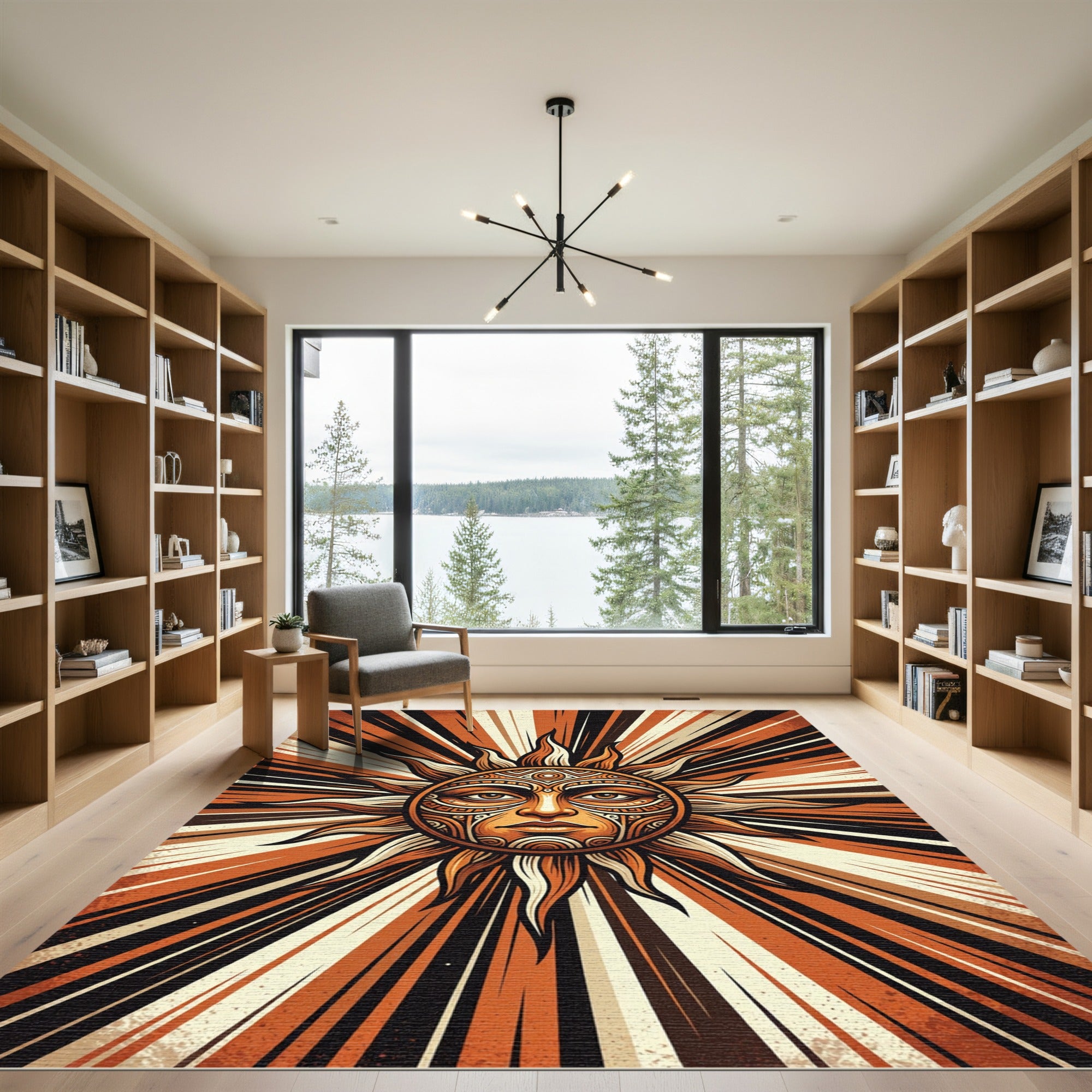 Radiant Amber Sunburst Ancient Face Rug