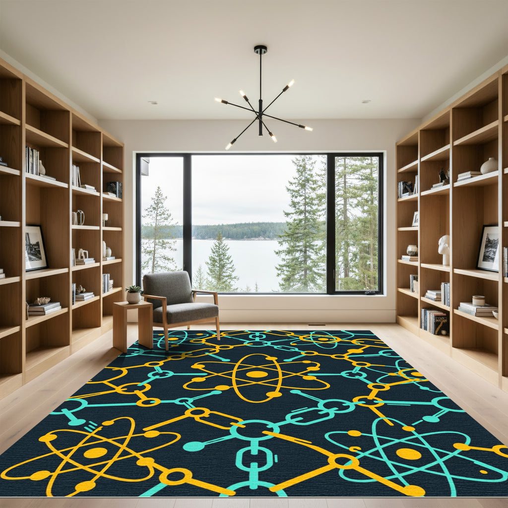 Teal and Golden Atomic Molecular Grid Rug