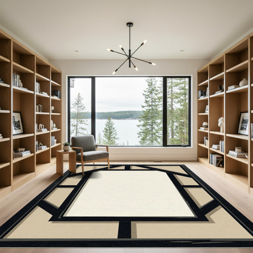 Geometric Black Frame Beige Rug
