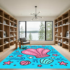 Pink Seashells Blue Water Starfish Accent Rug