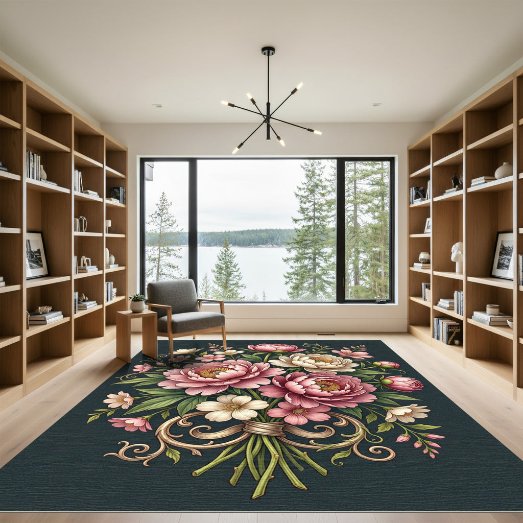 Elegant Pink Peony Floral Bouquet Rug