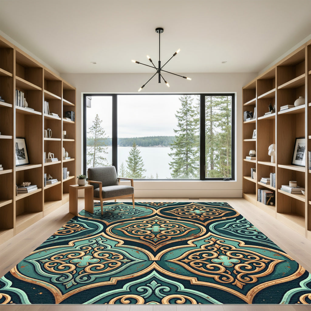 Ornate Teal Gold Arabesque Tile Rug