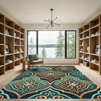 Ornate Teal Gold Arabesque Tile Rug