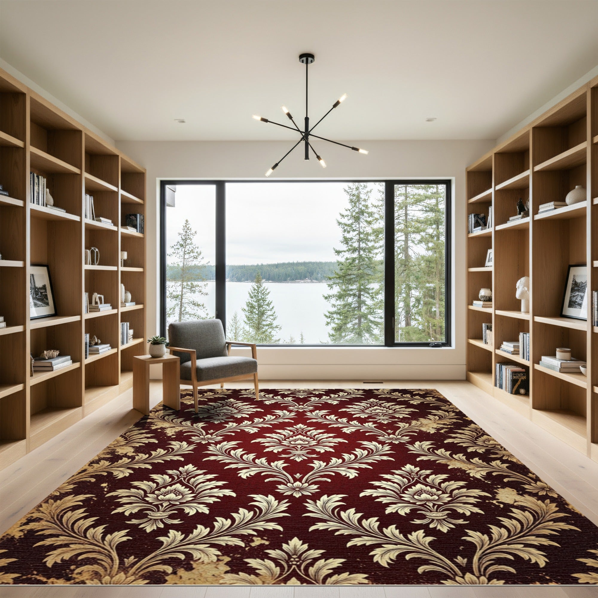 Deep Red Vintage Damask Floral Rug