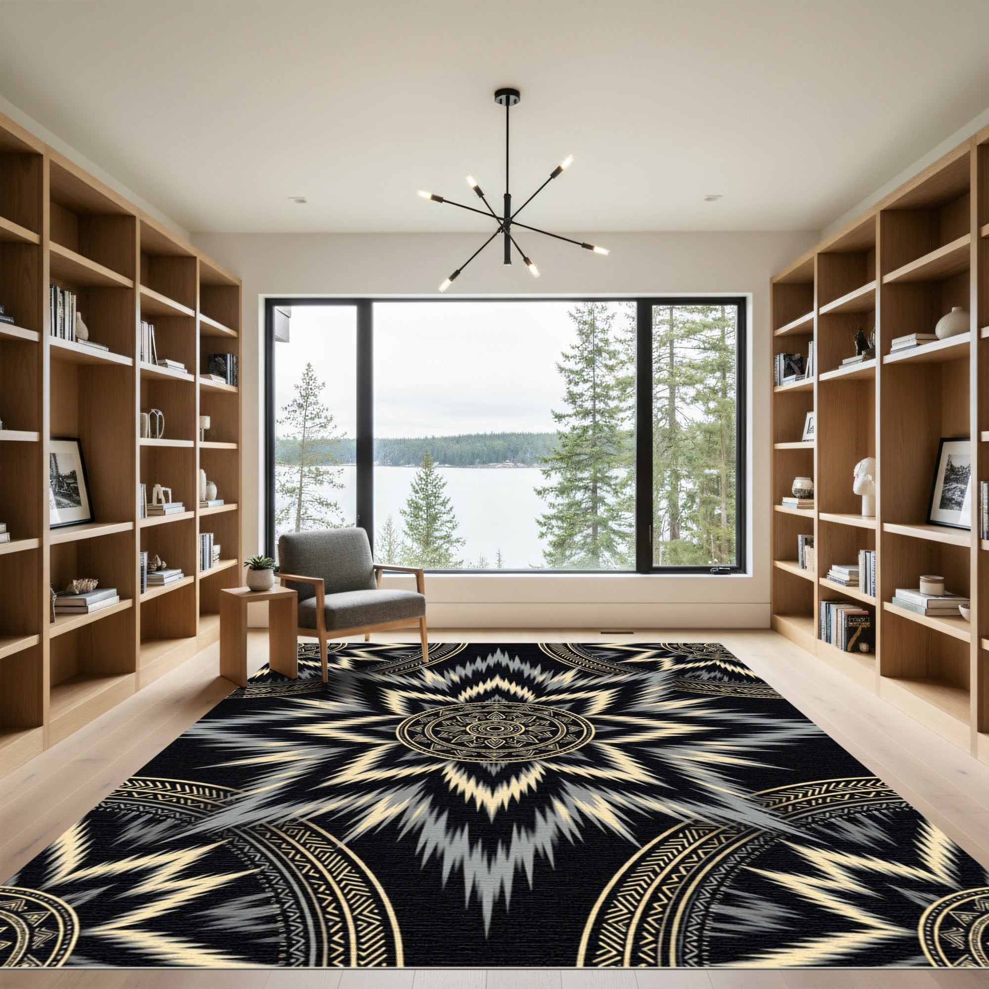 Black and Gold Ikat Sunburst Medallion Rug