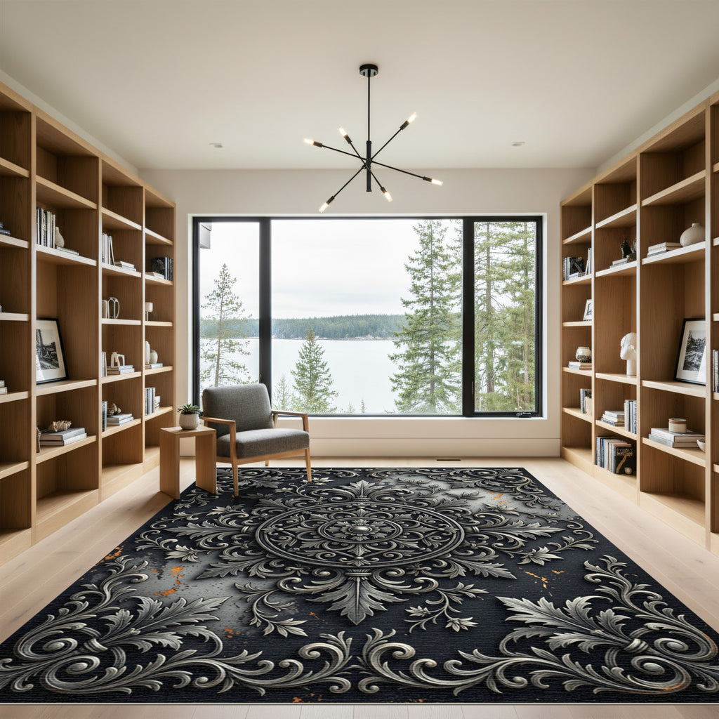 Baroque Silver Filigree Ornate Medallion Rug
