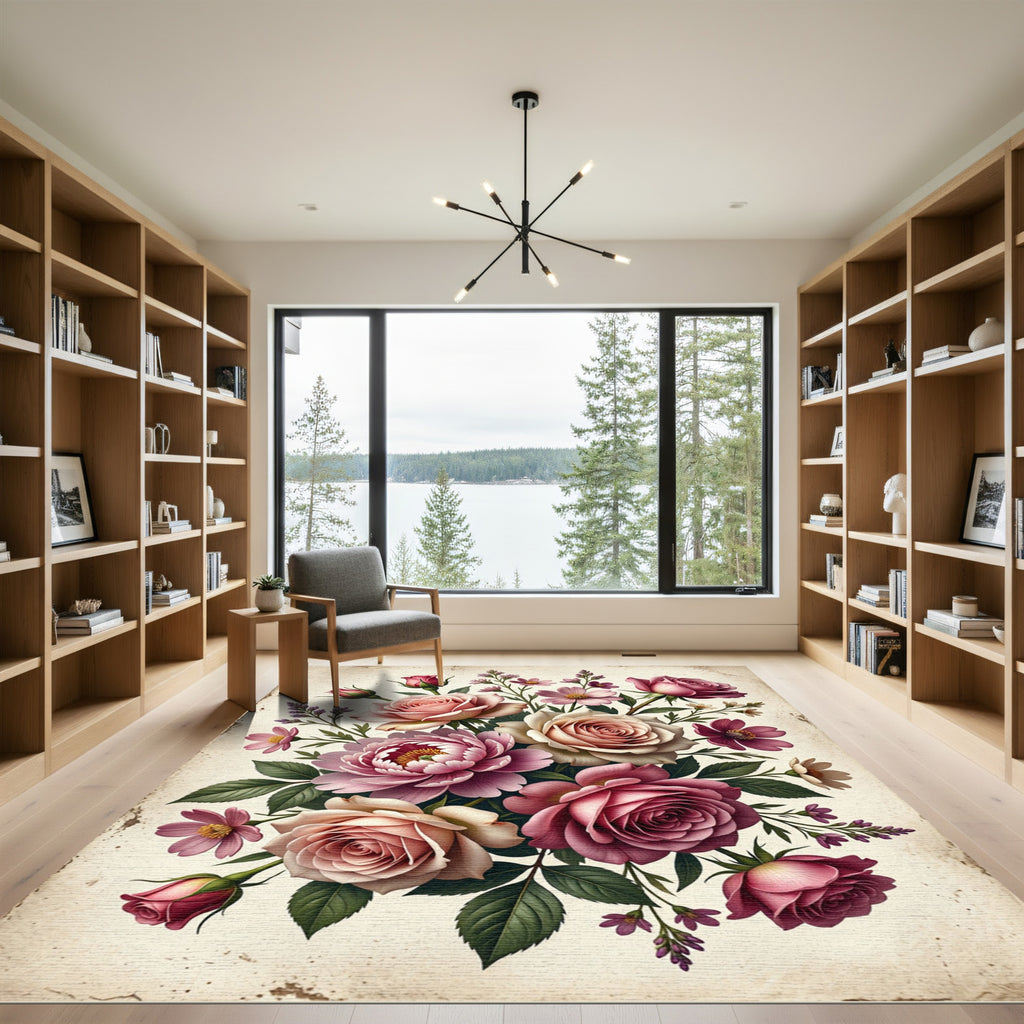 Vintage Pink Rose Floral Arrangement Rug