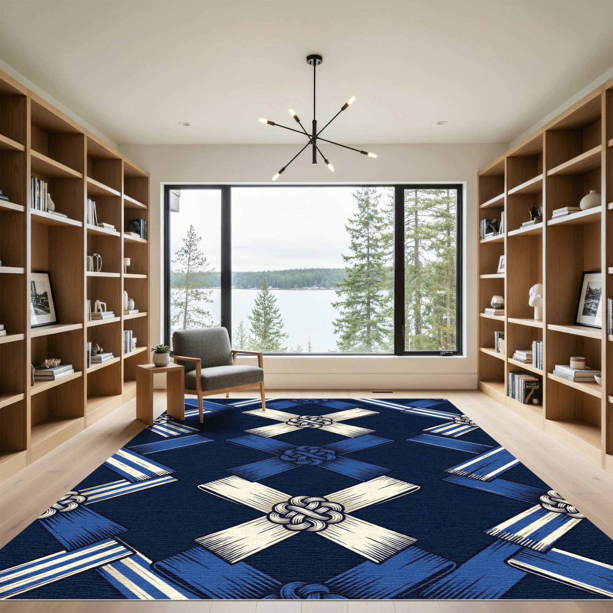 Indigo Geometric Lattice with Knotted Ribbon Rug