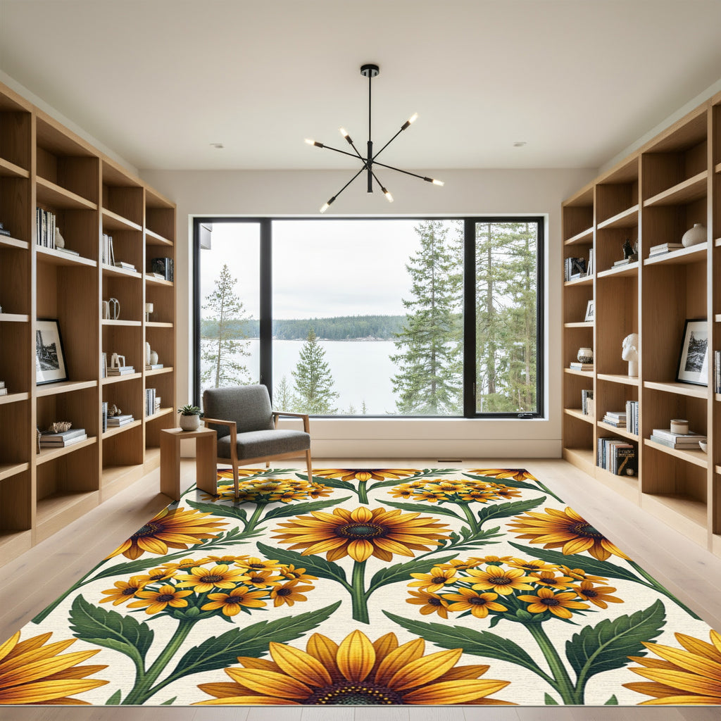 Golden Sunflower Botanical Garden Illustration Rug