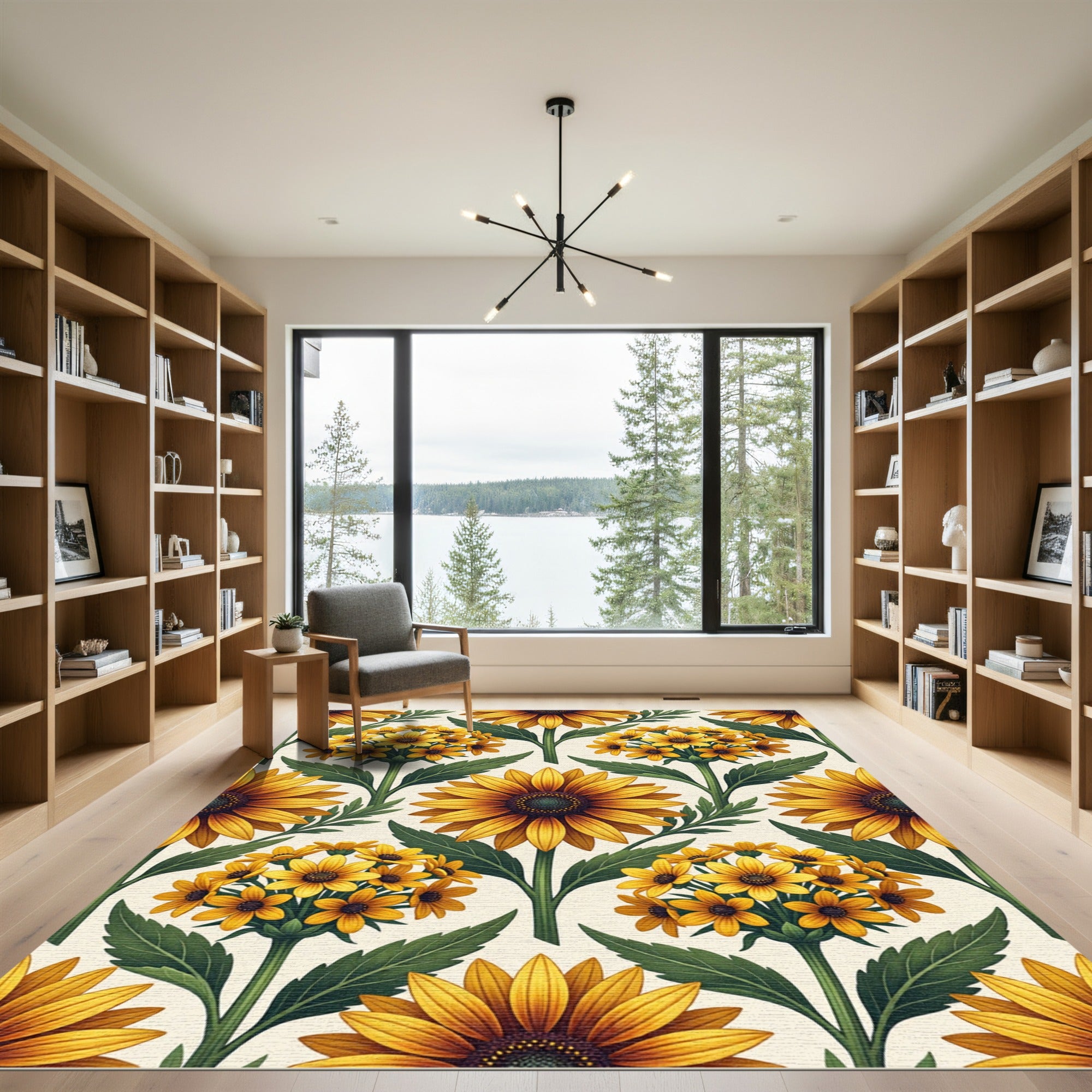 Golden Sunflower Botanical Garden Illustration Rug