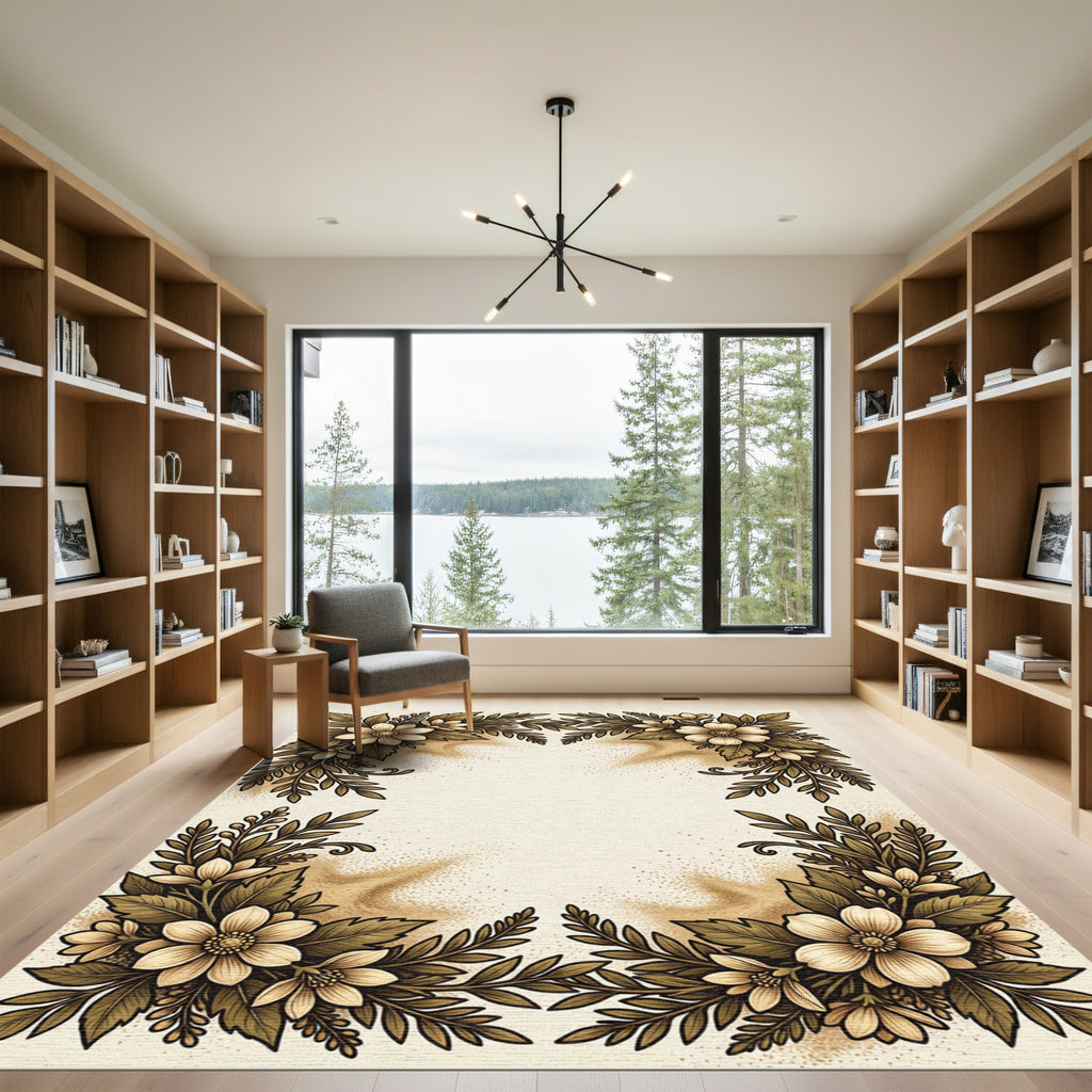 Golden Cream Floral Leaf Arrangement Rug